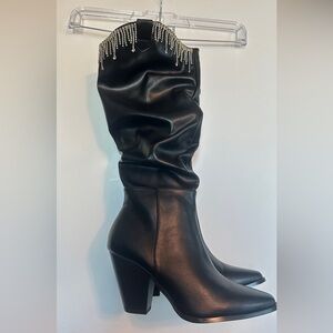 Chic Black Heeled Boots with Rhinestone Detail